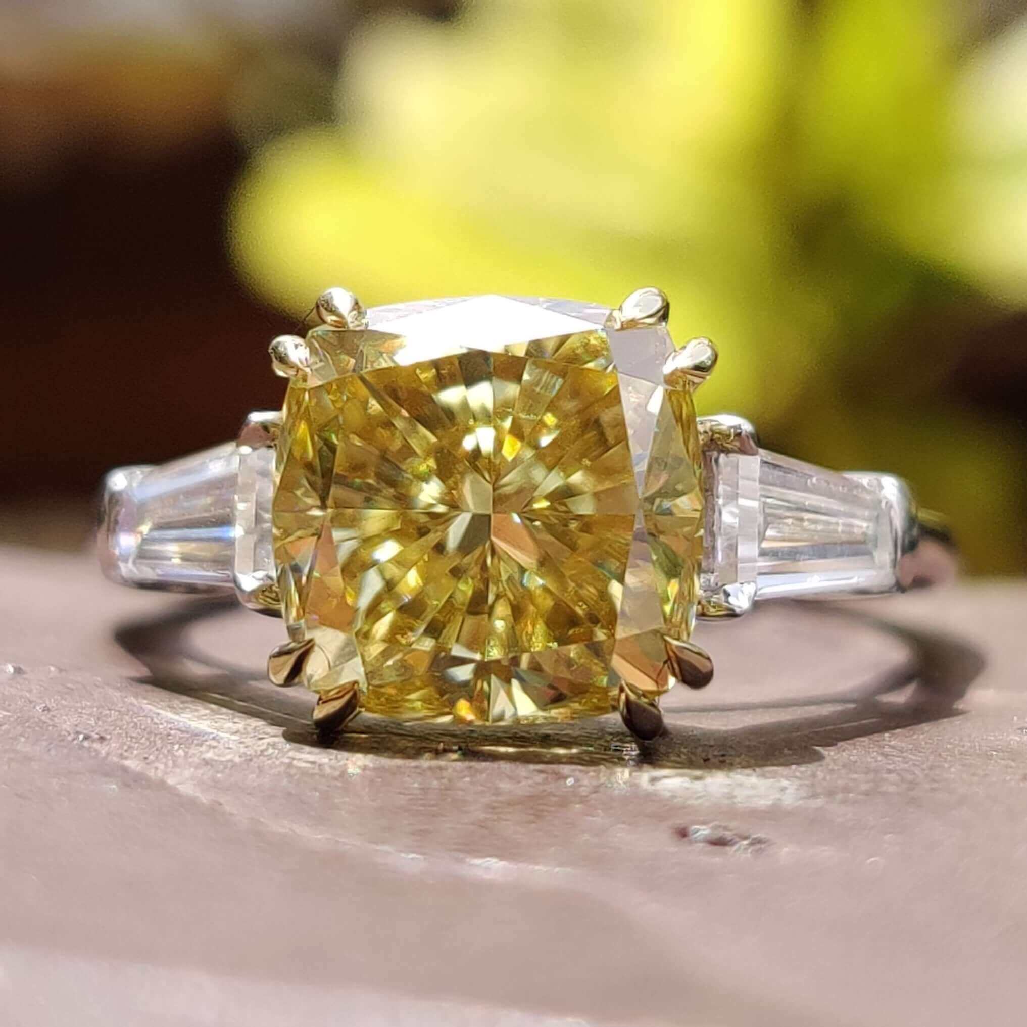 3.41 TW Canary Yellow Cushion Moissanite with Tapered Baguette Cut Three Stones Engagement Ring