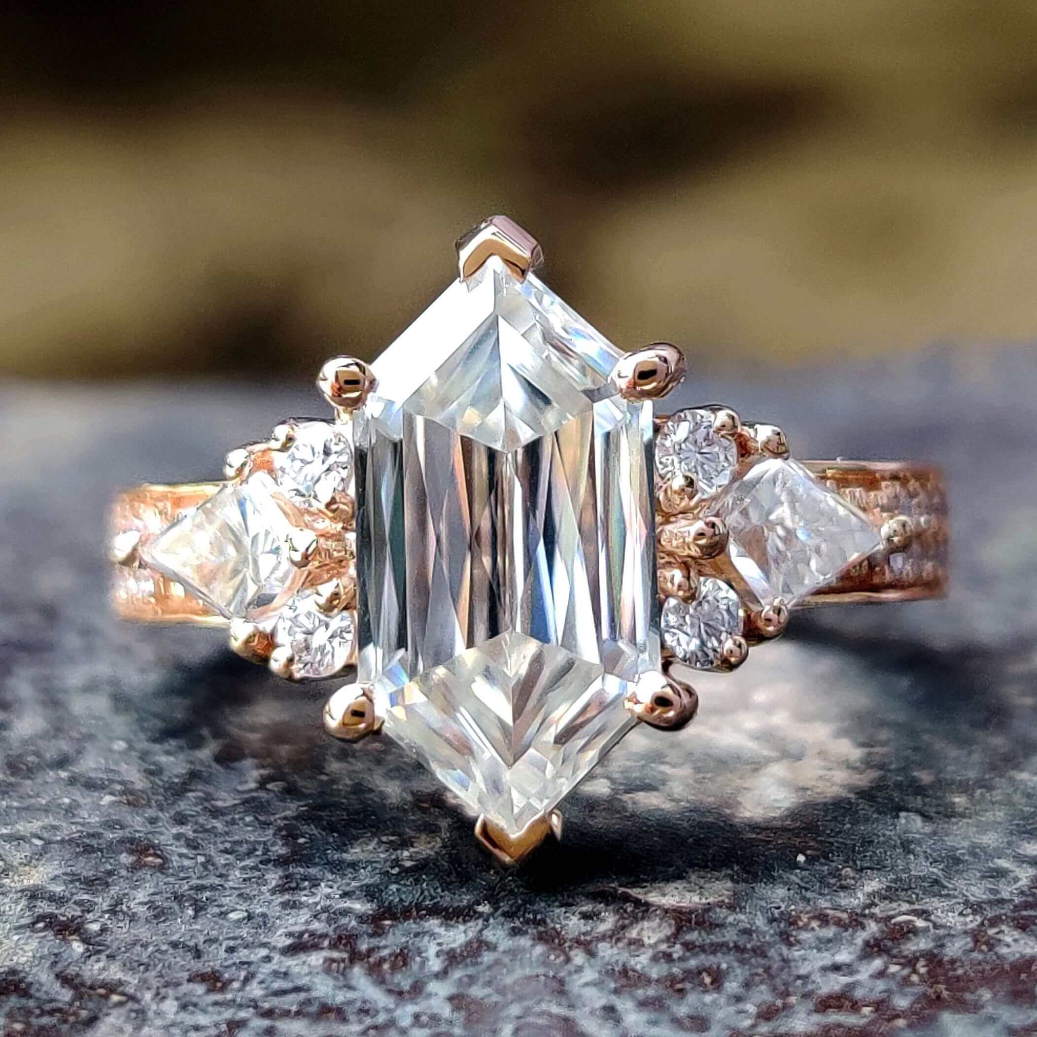 Dual Row Pave Set Vintage Inspired 2.66 TW Hexagon Criss Cut Unique Moissanite Engagement Ring